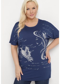 Granatowy T-shirt Ozdobiony Cyrkoniami i Nadrukiem Wallilena ze sklepu Born2be Odzież w kategorii Bluzki damskie - zdjęcie 171267617