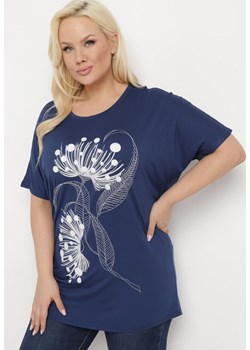 Granatowy T-shirt z Ozdobnym Nadrukiem i Cyrkoniami Colilena ze sklepu Born2be Odzież w kategorii Bluzki damskie - zdjęcie 171267727
