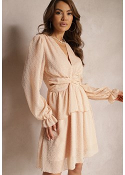 Beżowa Rozkloszowana Sukienka Pokryta Transparentną Tkaniną z Wycięciami po Bokach Cedriona ze sklepu Renee odzież w kategorii Sukienki - zdjęcie 171271559