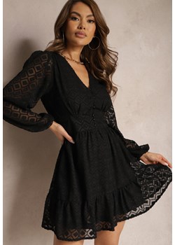 Czarna Koktajlowa Sukienka z Geometrycznym Wzorem na Siateczce z Falbankami Agofona ze sklepu Renee odzież w kategorii Sukienki - zdjęcie 171271599