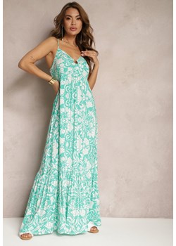 Zielona Bawełniana Sukienka Maxi na Ramiączkach z Kwiatowym Wzorem i Falbanką Mawidiona ze sklepu Renee odzież w kategorii Sukienki - zdjęcie 171271609