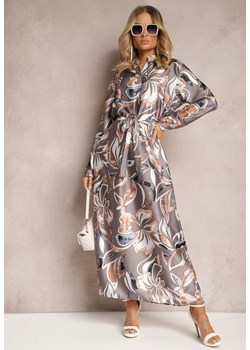 Brązowa Sukienka we Florystyczny Wzór z Satynowego Materiału z Paskiem w Talii Sephirosa ze sklepu Renee odzież w kategorii Sukienki - zdjęcie 171271669