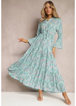 Niebieska Rozkloszowana Sukienka z Wiskozy w Patchworkowy Wzór z Falbankami Kierosa ze sklepu Renee odzież w kategorii Sukienki - zdjęcie 171271679
