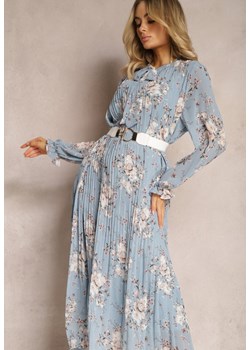 Niebieska Sukienka o Rozkloszowanym Fasonie z Kwiatami i Wiązaniem przy Dekolcie Nerosa ze sklepu Renee odzież w kategorii Sukienki - zdjęcie 171271689