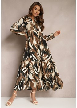 Beżowo-Brązowa Rozkloszowana Sukienka o Koszulowym Fasonie w Abstrakcyjny Print Asequa ze sklepu Renee odzież w kategorii Sukienki - zdjęcie 171271699