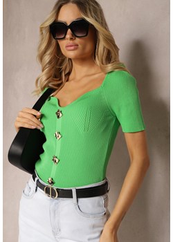 Zielona Prążkowana Bluzka z Asymetrycznym Dekoltem i Ozdobnym i Guzikami Jaena ze sklepu Renee odzież w kategorii Bluzki damskie - zdjęcie 171272158