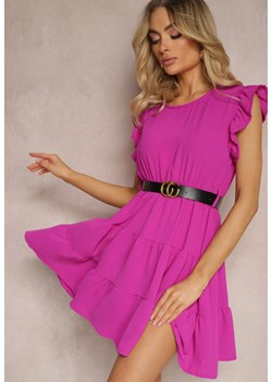 Ciemnofioletowa Sukienka Mini z Falbankami Paskiem i Gumką w Talii Lavada ze sklepu Renee odzież w kategorii Sukienki - zdjęcie 171272548