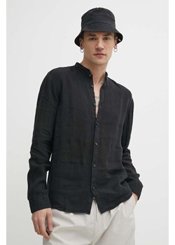 HUGO koszula lniana kolor czarny slim ze stójką ze sklepu ANSWEAR.com w kategorii Koszule męskie - zdjęcie 171323189