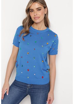Niebieski Wiskozowy T-shirt Ozdobiony Cyrkoniami Nililena ze sklepu Born2be Odzież w kategorii Bluzki damskie - zdjęcie 171326626