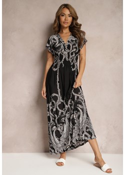 Czarna Sukienka w Ornamentalny Wzór z Gumką w Talii i Kopertowym Dekoltem Lamera ze sklepu Renee odzież w kategorii Sukienki - zdjęcie 171328179