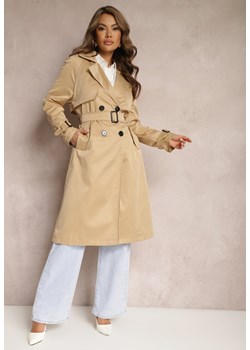 Beżowy Długi  Płaszcz Trencz Dwurzędowy z Paskiem w Komplecie Sabila ze sklepu Renee odzież w kategorii Płaszcze damskie - zdjęcie 171330686