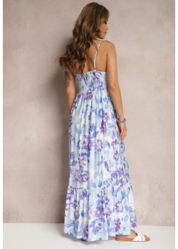 Niebieska Sukienka o Rozkloszowanym Fasonie w Kwiaty z Bawełny i Wiskozy Ozdobiona Wiązaniem na Dekolcie Nasima ze sklepu Renee odzież w kategorii Sukienki - zdjęcie 171349956