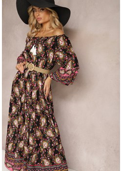 Czarna Sukienka Hiszpanka na Lato z Bawełny z Wzorem Paisley i Gumką w Talii Larietta ze sklepu Renee odzież w kategorii Sukienki - zdjęcie 171349989