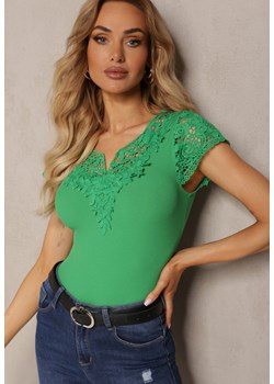 Zielony Prążkowany T-shirt z Koronkowymi Wstawkami Marinest ze sklepu Renee odzież w kategorii Bluzki damskie - zdjęcie 171357415