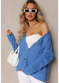 Niebieski Kardigan z Trójkątnym Dekoltem na Guziki Ozdobiony Połyskującą Nitką Sdlyla ze sklepu Renee odzież w kategorii Swetry damskie - zdjęcie 171357425