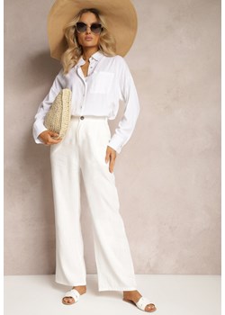 Białe Spodnie z Szerokimi Prostymi Nogawkami High Waist z Lnem Amivesa ze sklepu Renee odzież w kategorii Spodnie damskie - zdjęcie 171357435