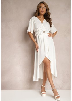 Biała Sukienka o Kopertowym Kroju z Marszczoną Gumką i Paskiem w Talii Dariane ze sklepu Renee odzież w kategorii Sukienki - zdjęcie 171357795