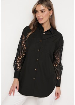 Czarna Koszula Oversize z Ażurowym Wzorem na Rękawach Vadena ze sklepu Born2be Odzież w kategorii Koszule damskie - zdjęcie 171358229
