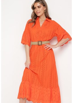 Pomarańczowa Bawełniana Sukienka z Koronki z Rękawem 3/4 Wykończona Falbanką  Jines ze sklepu Born2be Odzież w kategorii Sukienki - zdjęcie 171358335
