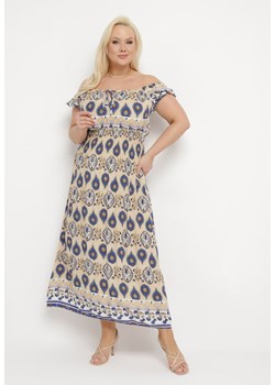 Beżowo-Niebieska Sukienka Bawełniana z Gumką w Talii i Mozaikowym Wzorem Vestra ze sklepu Born2be Odzież w kategorii Sukienki - zdjęcie 171358916