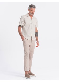 Męska koszula z krótkim rękawem i kubańskim kołnierzem - kremowa V7 OM-SHSS-0168 ze sklepu ombre w kategorii Koszule męskie - zdjęcie 171360295