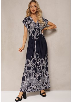Granatowa Sukienka w Ornamentalny Wzór z Gumką w Talii i Kopertowym Dekoltem Lamera ze sklepu Renee odzież w kategorii Sukienki - zdjęcie 171361686