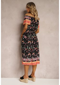 Czarno-Pomarańczowa Pudełkowa Sukienka z Bawełny we Wzór Paisley z Hiszpańskim Dekoltem Veranica ze sklepu Renee odzież w kategorii Sukienki - zdjęcie 171361718