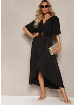 Czarna Sukienka o Kopertowym Kroju z Marszczoną Gumką i Paskiem w Talii Dariane ze sklepu Renee odzież w kategorii Sukienki - zdjęcie 171361746