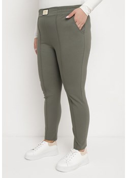 Ciemnozielone Spodnie z Wysokim Stanem i Gumką w Pasie Geminia ze sklepu Born2be Odzież w kategorii Spodnie damskie - zdjęcie 171380167