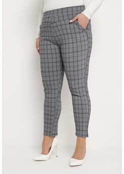 Szare Bawełniane Spodnie w Kratkę z Cyrkoniami Lionelle ze sklepu Born2be Odzież w kategorii Spodnie damskie - zdjęcie 171380478