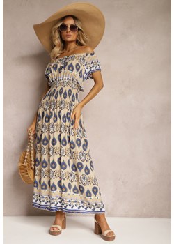 Beżowo-Niebieska Sukienka na Lato z Bawełny z Modelującą Gumką w Talii Deorna ze sklepu Renee odzież w kategorii Sukienki - zdjęcie 171396297