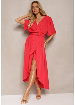 Czerwona Sukienka o Kopertowym Kroju z Marszczoną Gumką i Paskiem w Talii Dariane ze sklepu Renee odzież w kategorii Sukienki - zdjęcie 171396377