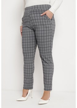 Szare Spodnie w Kratkę z Bawełny Lacelila ze sklepu Born2be Odzież w kategorii Spodnie damskie - zdjęcie 171396977