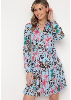 Niebiesko-Różowa  Koszulowa Sukienka z Wiskozy Zapinana na Guziki z Materiałowym Paskiem Laveta ze sklepu Born2be Odzież w kategorii Sukienki - zdjęcie 171437198
