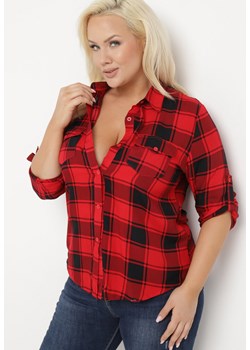 Czerwono-Czarna Koszula w Kratę z Podpinanymi Rękawami z Wiskozy Srighesi ze sklepu Born2be Odzież w kategorii Koszule damskie - zdjęcie 171437429