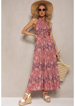 Fioletowo-Różowa Sukienka w Stylu Boho Bez Rękawów z Gumką w Pasie i Wiązaniem przy Dekolcie Yisa ze sklepu Renee odzież w kategorii Sukienki - zdjęcie 171438625