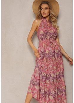 Fioletowo-Różowa Sukienka w Stylu Boho Bez Rękawów z Gumką w Pasie i Wiązaniem przy Dekolcie Yisa ze sklepu Renee odzież w kategorii Sukienki - zdjęcie 171438628