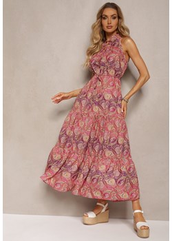 Fioletowo-Różowa Sukienka w Stylu Boho Bez Rękawów z Gumką w Pasie i Wiązaniem przy Dekolcie Yisa ze sklepu Renee odzież w kategorii Sukienki - zdjęcie 171438629