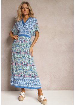 Niebieska Wiskozowa Sukienka Boho z Gumką w Pasie i Trójkątnym Dekoltem Casalina ze sklepu Renee odzież w kategorii Sukienki - zdjęcie 171438698