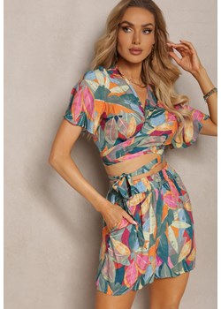 Zielono-Różowy Komplet Wiskozowy w Abstrakcyjny Print Bluzka i Szorty Natrisha ze sklepu Renee odzież w kategorii Komplety i garnitury damskie - zdjęcie 171438858