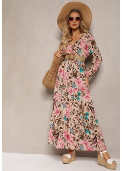 Beżowa Rozkloszowana Sukienka z Wiskozy z Falbanką Orinesa ze sklepu Renee odzież w kategorii Sukienki - zdjęcie 171438868