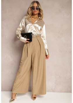 Beżowe Szerokie Spodnie w Stylu Palazzo z Paskiem Detalia ze sklepu Renee odzież w kategorii Spodnie damskie - zdjęcie 171438918