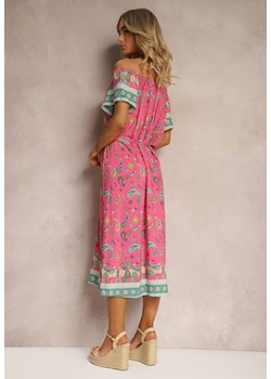 Różowa Pudełkowa Sukienka z Bawełny we Wzór Paisley z Hiszpańskim Dekoltem Veranica ze sklepu Renee odzież w kategorii Sukienki - zdjęcie 171439015