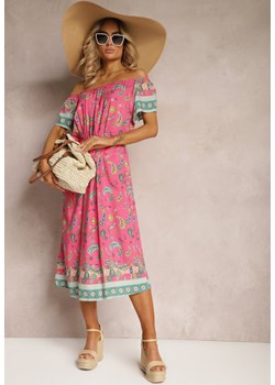 Różowa Pudełkowa Sukienka z Bawełny we Wzór Paisley z Hiszpańskim Dekoltem Veranica ze sklepu Renee odzież w kategorii Sukienki - zdjęcie 171439019