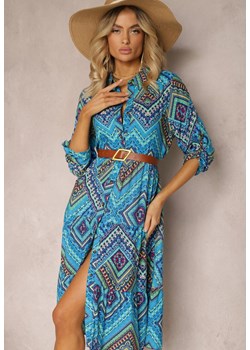 Niebieska Koszulowa Sukienka z Bawełnianej Tkaniny z Mozaikowym Wzorem Tesahina ze sklepu Renee odzież w kategorii Sukienki - zdjęcie 171439128