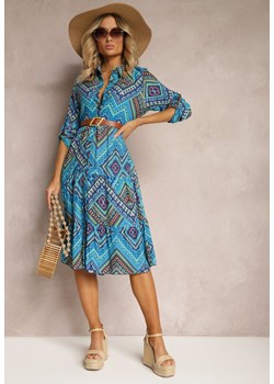 Niebieska Koszulowa Sukienka z Bawełnianej Tkaniny z Mozaikowym Wzorem Tesahina ze sklepu Renee odzież w kategorii Sukienki - zdjęcie 171439129
