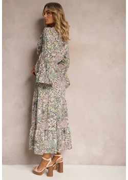 Zielono-Różowa Sukienka w Kwiatowy Print Rozkloszowana z Falbankami Airova ze sklepu Renee odzież w kategorii Sukienki - zdjęcie 171439145