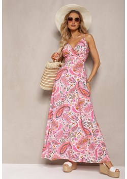Różowa Rozkloszowana Sukienka na Lato Ozdobiona Printem Paisley z Kopertowym Dekoltem Dionita ze sklepu Renee odzież w kategorii Sukienki - zdjęcie 171439158