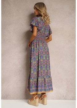 Różowo-Niebieska Rozkloszowana Sukienka w Etniczny Wzór z Krótkim Rękawem i Gumką w Pasie Zorisa ze sklepu Renee odzież w kategorii Sukienki - zdjęcie 171439225