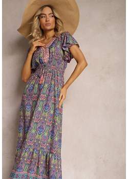 Różowo-Niebieska Rozkloszowana Sukienka w Etniczny Wzór z Krótkim Rękawem i Gumką w Pasie Zorisa ze sklepu Renee odzież w kategorii Sukienki - zdjęcie 171439228